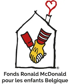 Ronald McDonald House Charities Belgium logo with two hands shaking inside a house and a red heart above the chimney.